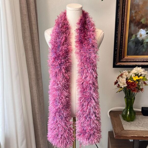 Vintage Hand-Knit Fuzzy Scarf – Pink & Lavender Mix - Picture 1 of 4